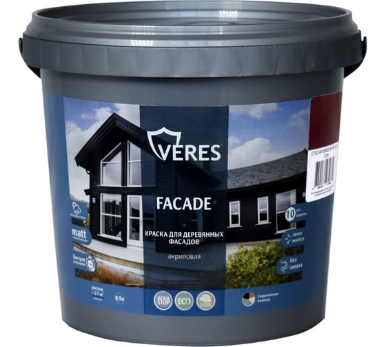 Изображение товара Краска для деревянных фасадов VERES FACADE акриловая, спелая вишня 0.9 л 270316