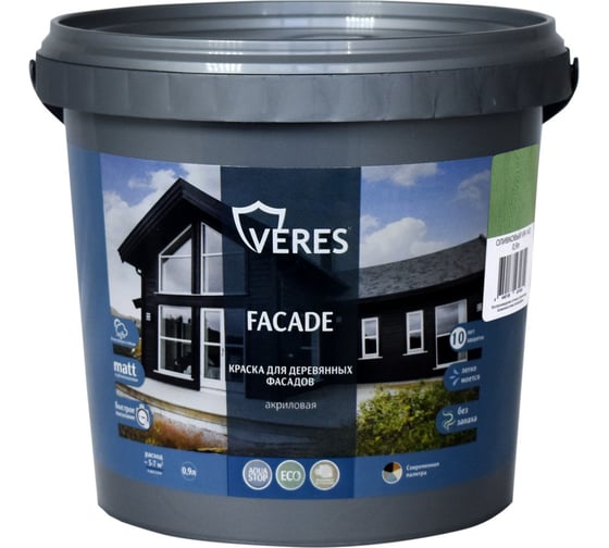 Изображение товара Краска для деревянных фасадов VERES FACADE акриловая, оливковый 0.9 л 270296