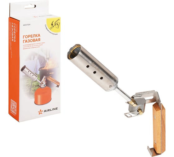 Изображение товара Горелка газовая на резьбовой баллон Airline ручной поджиг, сопло D31x90 мм, анти-вспышка, деревянная складная ручка ADGT024