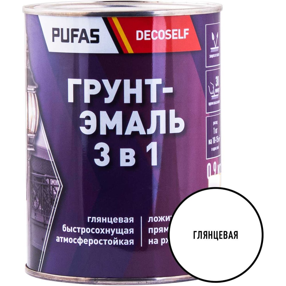 Изображение товара Грунт-эмаль Pufas 3 в 1 белая глянц. Decoself 0,9кг тов-200082