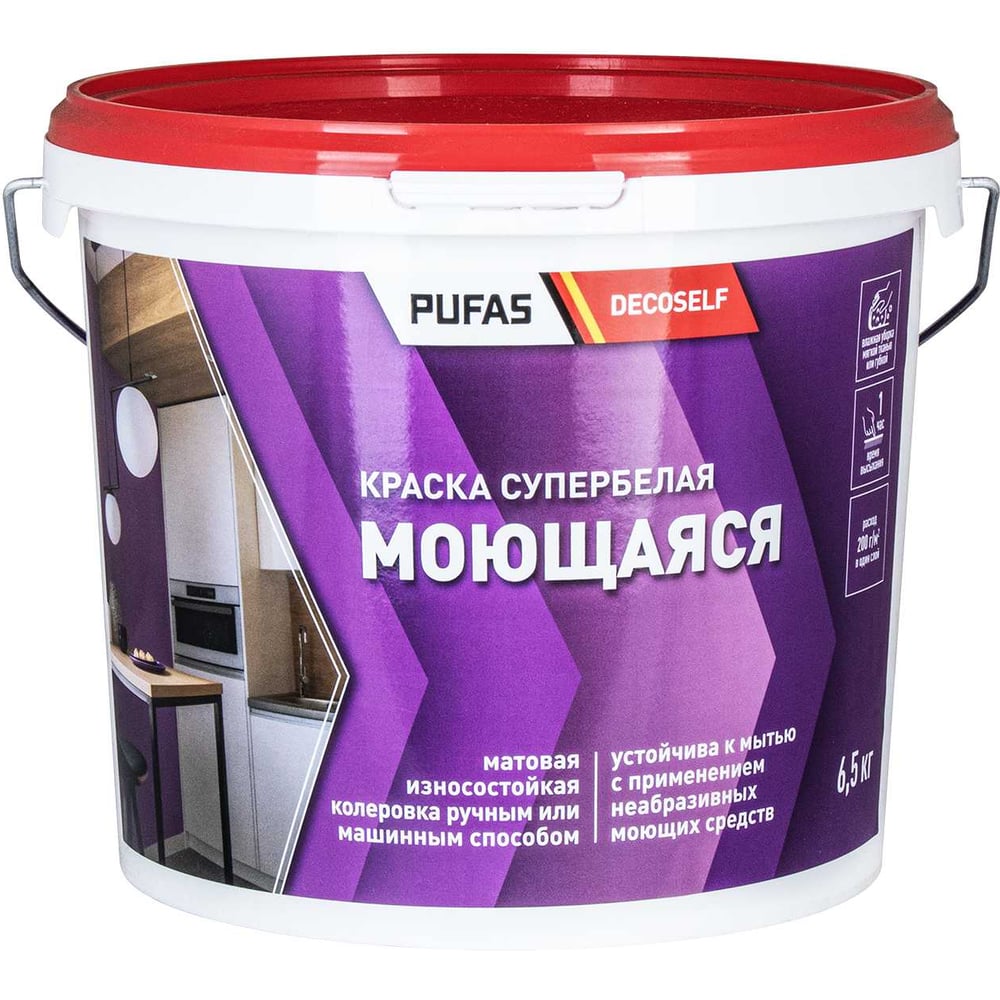 Изображение товара Моющаяся акрилатная краска Pufas Decoself мороз белая 6,5 л Изображение товара Моющаяся акрилатная краска Pufas Decoself мороз белая 6,5 л