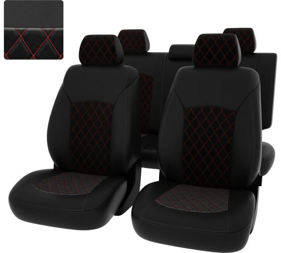 Изображение товара Чехлы PSV Chevrolet Cruze I 2009 2015 г 5 подголовников РОМБ отстрочка красная черная экокожа черный велюр 136560