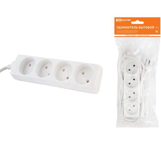 Изображение товара Удлинитель сетевой TDM ELECTRIC 4 розетки, 3 метра, без заземления, ПВС 2х0,75 мм2 10А 250В SQ1303-0211