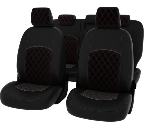 Изображение товара Чехлы PSV Ford Focus III 2011 2019 г Trend Sport Titanium РОМБ отстрочка красная черная экокожа черный велюр 137269