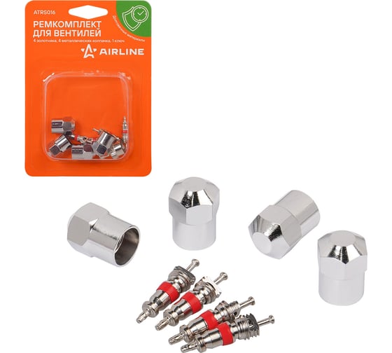 Изображение товара Ремкомплект для вентилей Airline (4 золотника, 4 металл.колп, 1 ключ) в блистере ATRS016