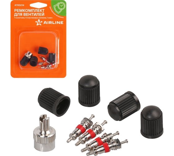 Изображение товара Ремкомплект для вентилей Airline (4 золотника, 4 пласт.колп, 1 ключ) в блистере ATRS014