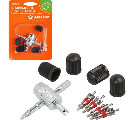 Изображение товара Ремкомплект для вентилей Airline (4 золотника, 4 пласт.колп, 1 метчик) в блистере ATRS015