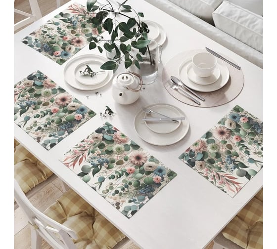Изображение товара Салфетки на стол для сервировки JoyArty прямоугольные, плейсмат "Нежные цветы и эвкалипт", 32x46 см, в комплекте 4 шт. np_sd1437