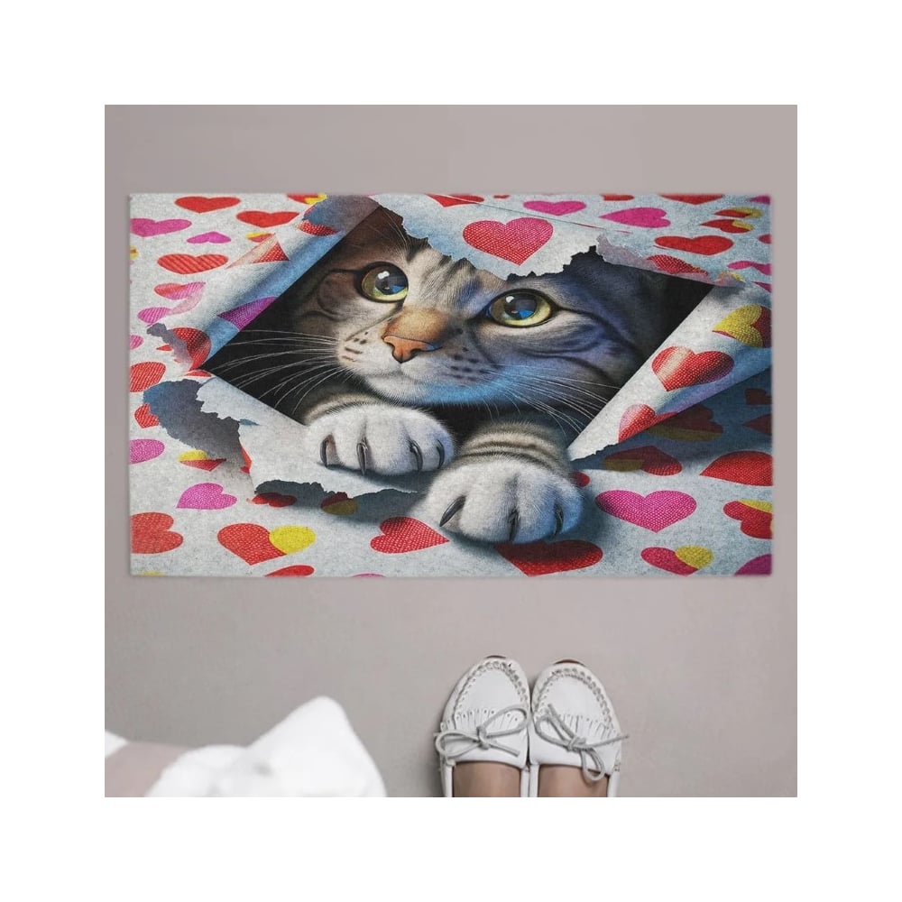 Изображение товара Коврик придверный JoyArty в прихожую с принтом Подарочный кот 45х75 см door_sd1086