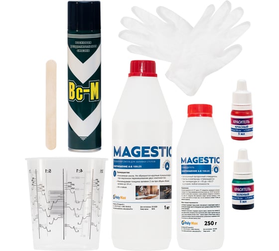 Изображение товара Прозрачная эпоксидная смола Poly max Magestic 1,25 кг в наборе с красителями, ВС-м, шпателем и мерной тарой Magestic1,25+набор