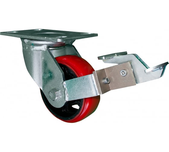 Изображение товара Колесо большегрузное поворотное 200 мм, красный полиуретан, с тормозом MFK-TORG 68804200