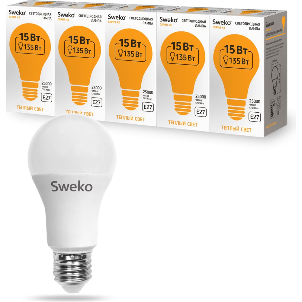 фото Светодиодная лампа sweko 5 шт 42led-a60-15w-230-3000k-e27