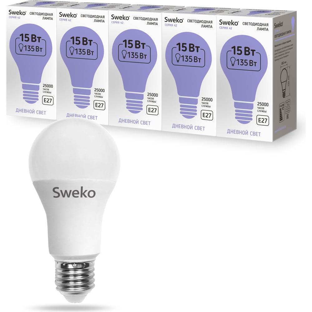 фото Светодиодная лампа sweko 5 шт 42led-a60-15w-230-6500k-e27