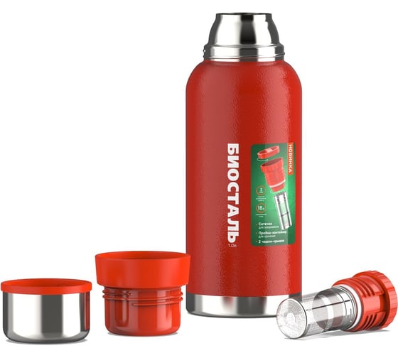 Изображение товара Термос Biostal Охота 1 литр, 2 чашки, с ситечком, красный NBR-1000Z-R