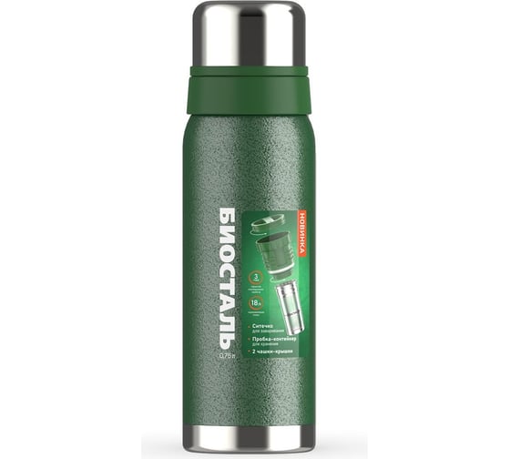 Изображение товара Термос Biostal Охота 0.75 литра, 2 чашки, с ситечком, зеленый NBR-750Z-G