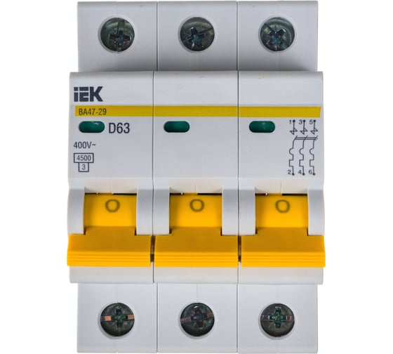 Изображение товара Автоматический модульный выключатель IEK ВА 47-29 3п, D, 63А, 4.5кА, ИЭК MVA20-3-063-D