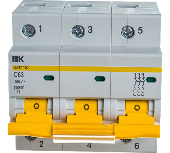 Изображение товара Автоматический модульный выключатель IEK ВА 47-100 3п, D, 63А, 10кА, ИЭК MVA40-3-063-D