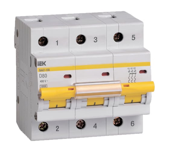 Изображение товара Автоматический модульный выключатель IEK ВА 47-100, 3п, D, 80А, 10кА, ИЭК MVA40-3-080-D