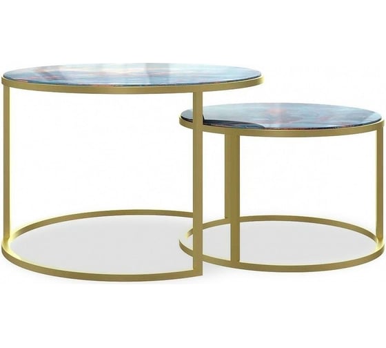 Изображение товара Журнальный стол Desk Question лофт DQ №2 Duae с фотопечатью синий космос, корпус золотой, диаметр 605/475 мм, высота 420/320 мм 10184