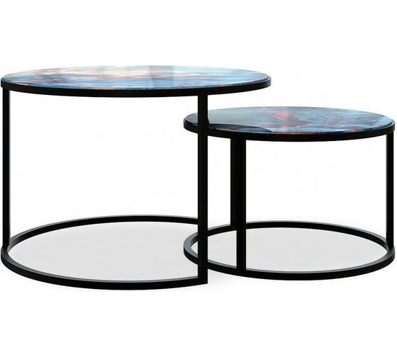 Изображение товара Журнальный стол Desk Question лофт DQ №2 Duae с фотопечатью синий космос, корпус черный, диаметр 605/475 мм, высота 420/320 мм 10185