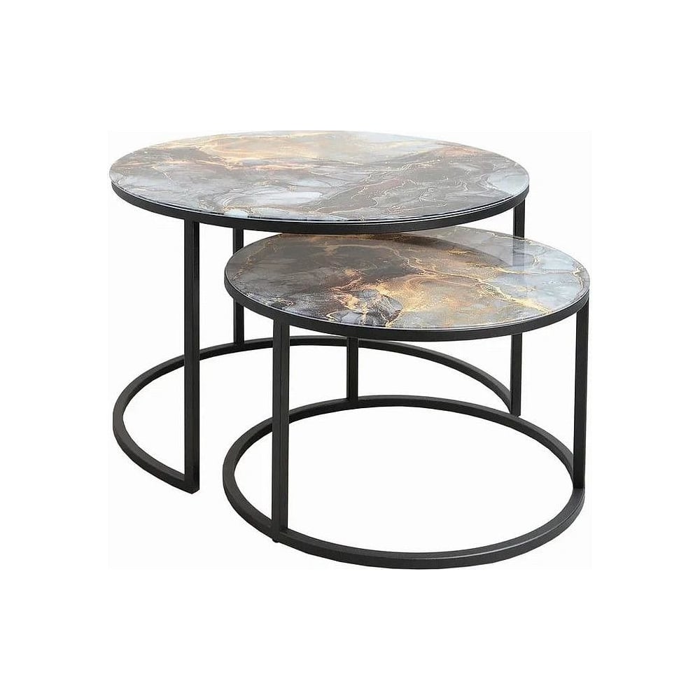 Изображение товара Журнальный стол Desk Question лофт DQ №2 Duae с фотопечатью серо-зеленый мрамор, корпус черный, диаметр 605/475 мм, высота 420/320 мм 10179