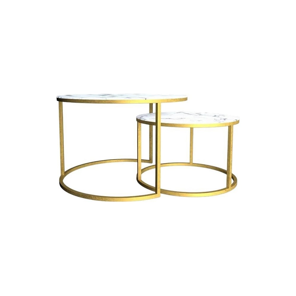 Изображение товара Журнальный стол Desk Question лофт DQ №2 Duae с фотопечатью белый мрамор, корпус золотой, диаметр 605/475 мм, высота 420/320 мм 10257