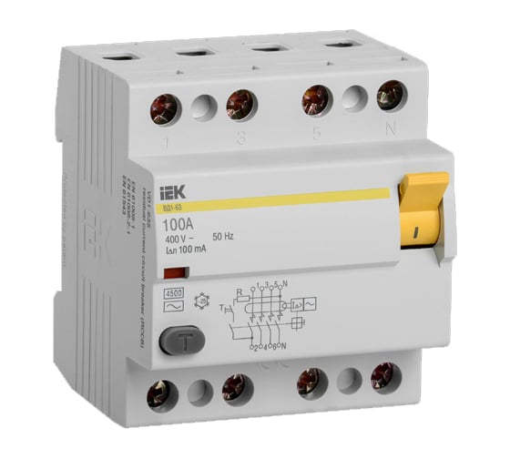 Изображение товара Выключатель дифференциального тока IEK ВД1-63, 4п, 100A, 100mA, тип AC, ИЭК MDV10-4-100-100