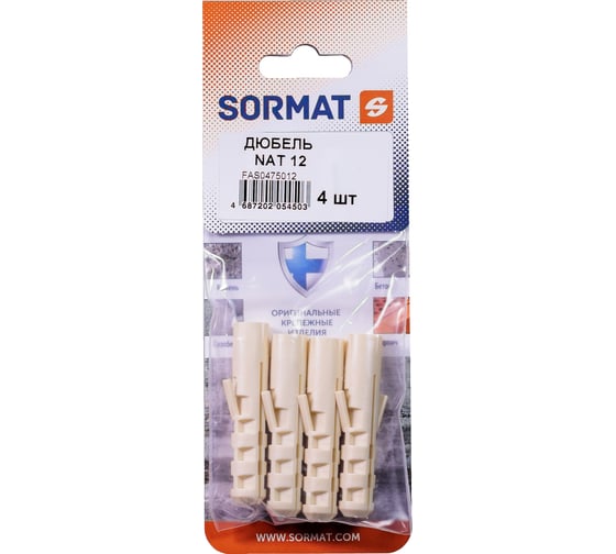Изображение товара Дюбель нейлоновый SORMAT NAT 12x60 4 шт FAS0475012