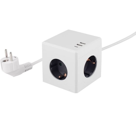 Изображение товара Удлинитель ROCKETSOCKET cube lite extended 3 euro 16a, 3 usb 2a+c с блоком 5в/3.1а, кабель 1,5м, цвет белый-серый GNS1406