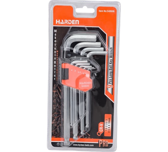 Изображение товара Набор имбусовых ключей HARDEN шестигранные HEX, с шарообразной головкой, 18 см., CRV, 9 шт. 540606