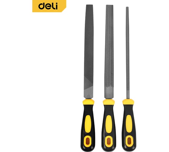 Изображение товара Набор напильников 3шт Deli DL352083 (инструментальная сталь T12, обрезиненная пластиковая рукоятка) 147017