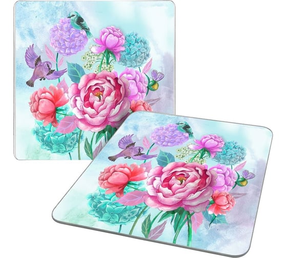 Изображение товара Доска разделочная МУЛЬТИДОМ подставка под горячее "Пионы и птички", размер 18x18 см VL48-15