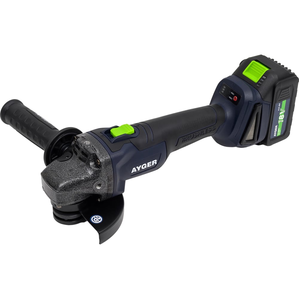 Изображение товара Аккумуляторная углошлифовальная машина AYGER AG18BL4 2 аккумулятора 125 мм Быстросъем