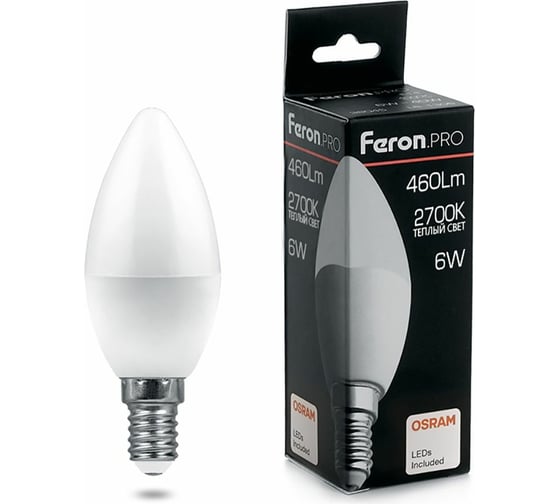 Изображение товара Светодиодная лампа FERON PRO LB-1306 Свеча E14 6W 2700K OSRAM LED 38044