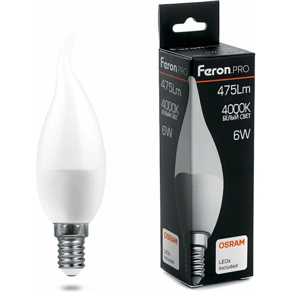 фото Светодиодная лампа feron pro lb-1306 свеча e14 6w 4000k osram led 38048