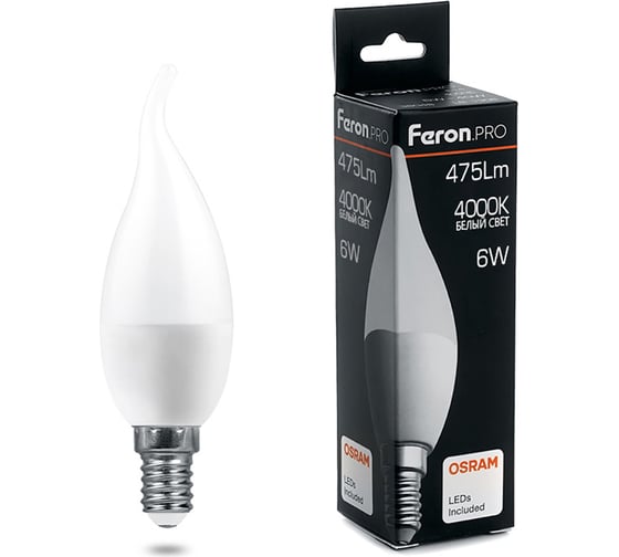 Изображение товара Светодиодная лампа FERON PRO LB-1306 Свеча E14 6W 4000K OSRAM LED 38048