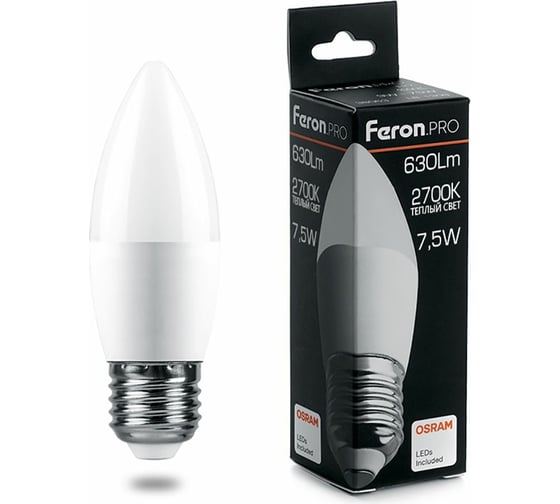 Изображение товара Светодиодная лампа FERON PRO LB-1307 Свеча E27 7.5W 2700K OSRAM LED 38056