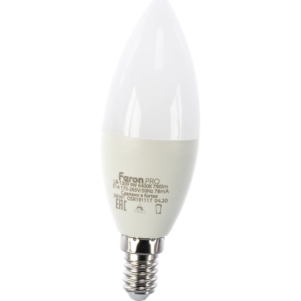 фото Светодиодная лампа feron pro lb-1309 свеча e14 9w 6400k osram led 38061