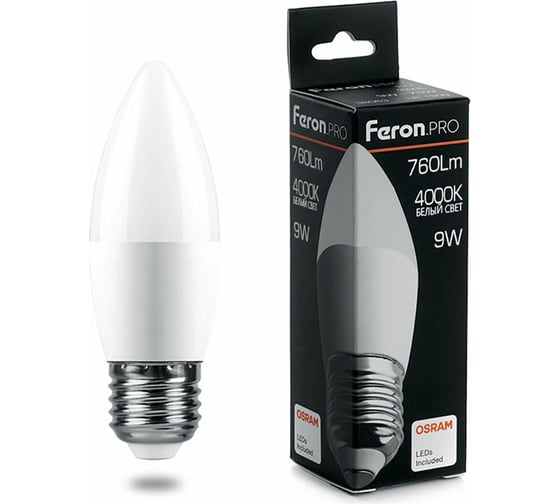 Изображение товара Светодиодная лампа FERON PRO LB-1309 Свеча E27 9W 4000K OSRAM LED 38063
