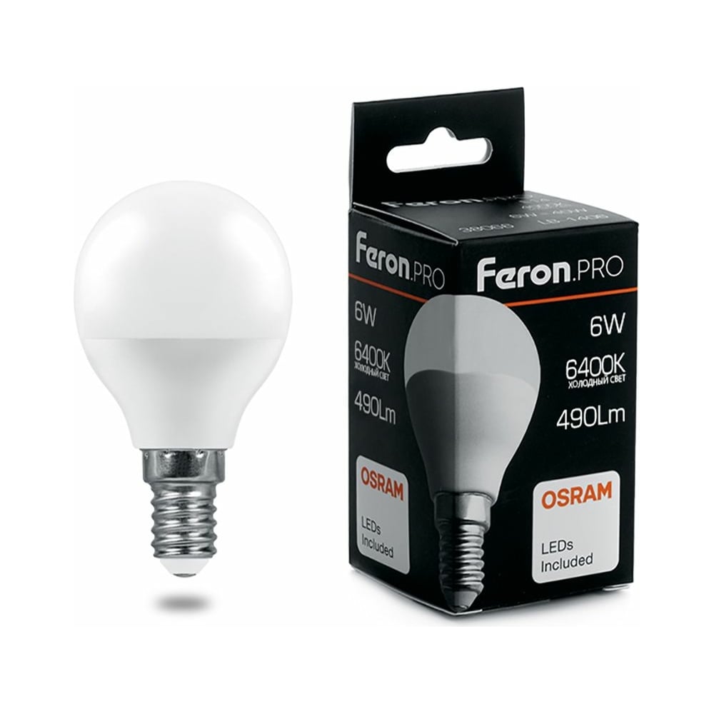 фото Светодиодная лампа feron pro lb-1406 шарик e14 6w 6400k osram led 38067