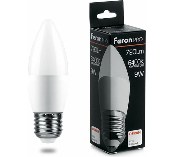 Изображение товара Светодиодная лампа FERON PRO LB-1309 Свеча E27 9W 6400K OSRAM LED 38064