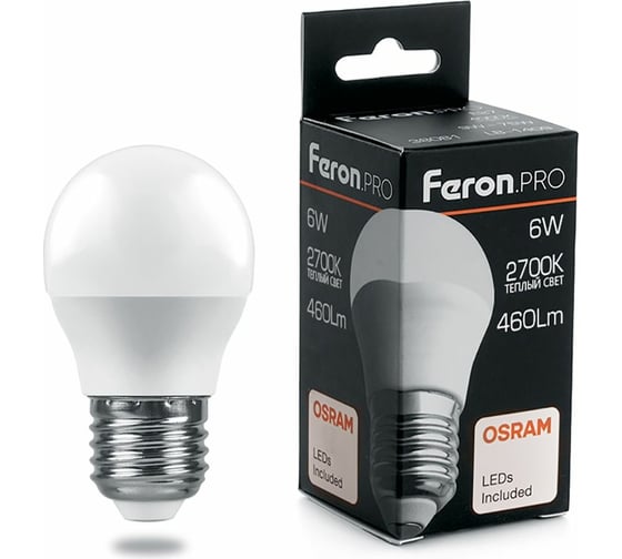 Изображение товара Светодиодная лампа FERON PRO LB-1406 Шарик E27 6W 2700K OSRAM LED 38068