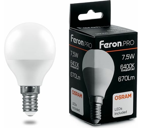 Изображение товара Светодиодная лампа FERON PRO LB-1407 Шарик E14 7.5W 6400K OSRAM LED 38073