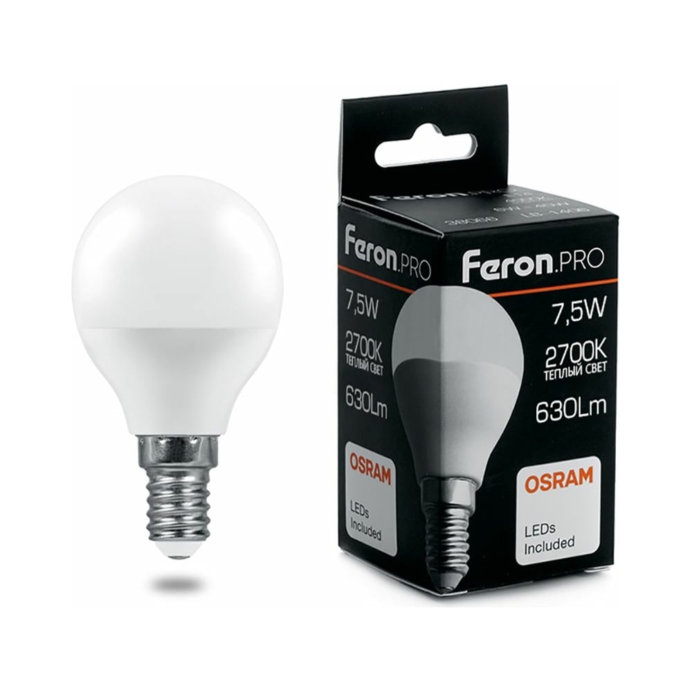 фото Светодиодная лампа feron pro lb-1407 шарик e14 7.5w 2700k osram led 38071