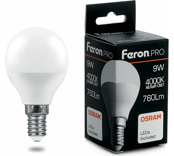 Изображение товара Светодиодная лампа FERON PRO LB-1409 Шарик E14 9W 4000K OSRAM LED 38078