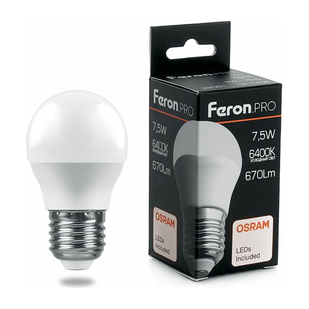 фото Светодиодная лампа feron pro lb-1407 шарик e27 7.5w 6400k osram led 38076