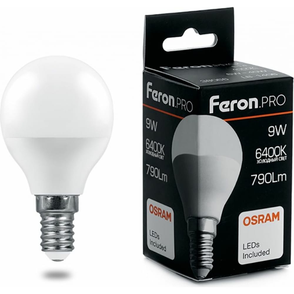 фото Светодиодная лампа feron pro lb-1409 шарик e14 9w 6400k osram led 38079