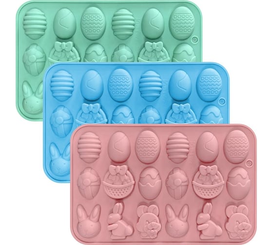 Изображение товара Форма для шоколадных конфет силиконовая МУЛЬТИДОМ "Пасхальное ассорти", размер 19,5x12,5x1,2 см 3 цв. VL80-555