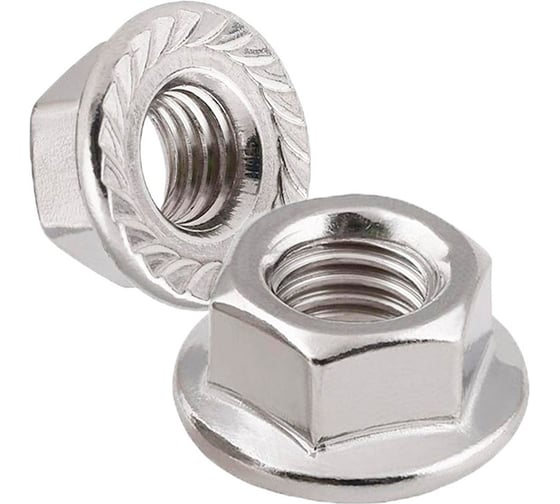 Изображение товара Гайка нержавеющая с фланцем METIZ-A2, М6, DIN 6923, А2, с зазубринами, шестигранная, 100 шт. 6923M6A2