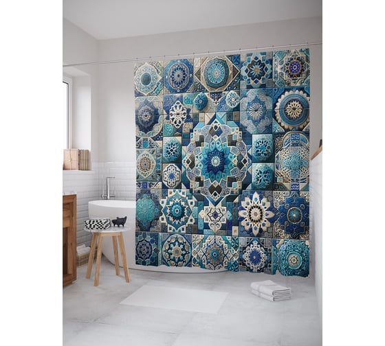 Изображение товара Штора для ванной, занавеска водоотталкивающая в ванную комнату тканевая JoyArty "Турецкий печворк" sc_sd1120